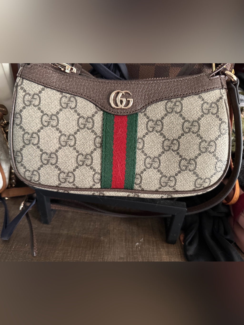 Mini Gucci Gg Canvas Shoulder Bag In Beige With Brown Trim. Adjustable Strap
